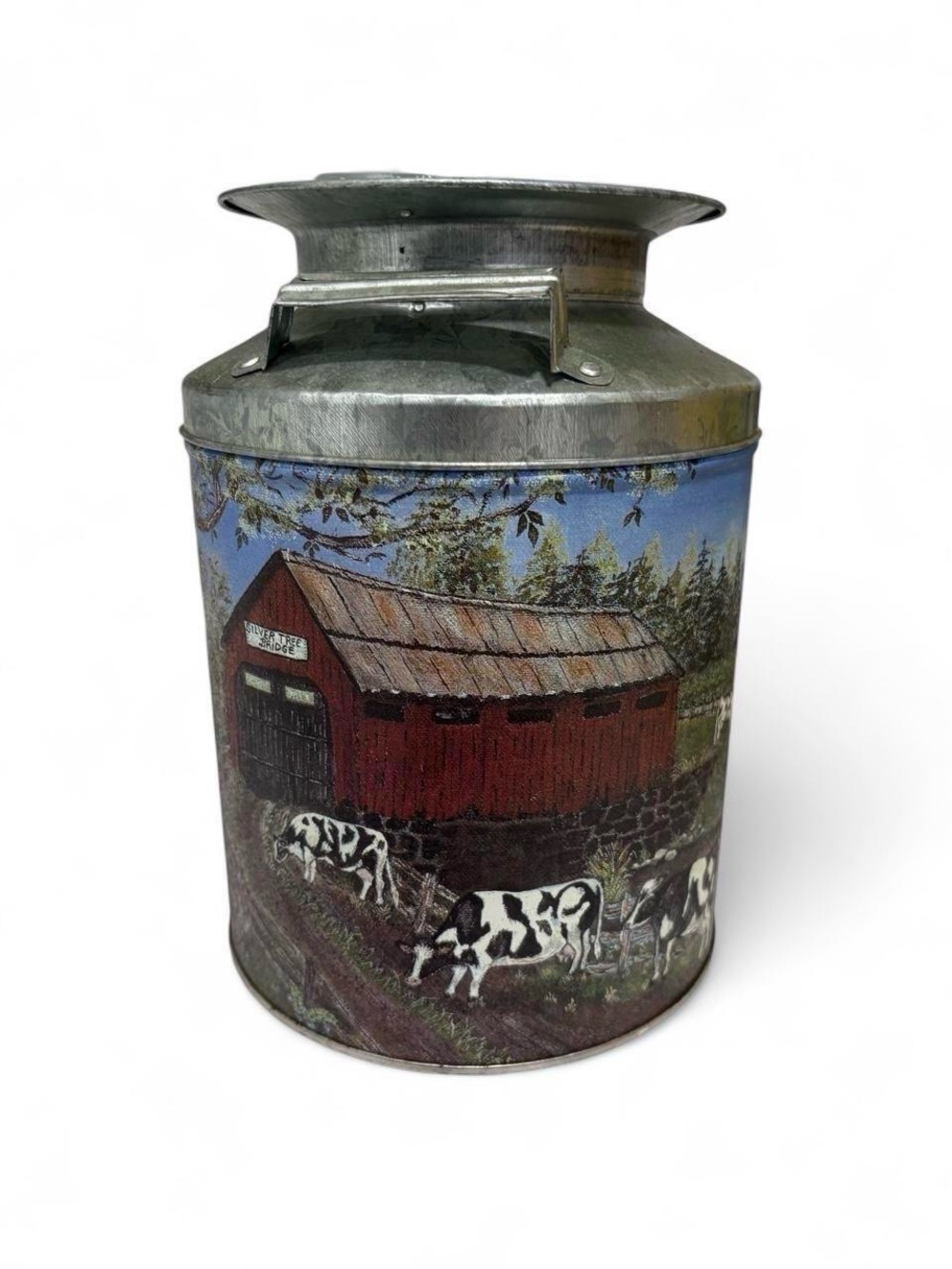 Vintage Decorative Milk Can with Red Barn and Cow Farm Scene